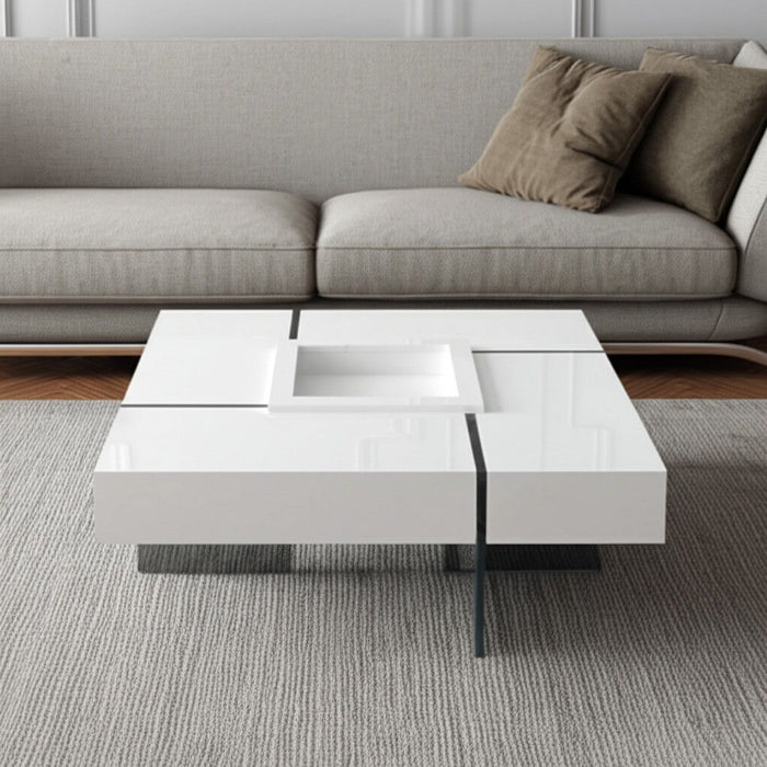 47" Wood And Glass Square Sled Coffee Table - White / Clear