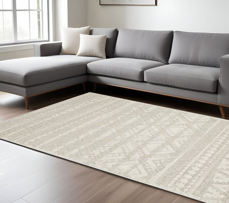 8' X 11' Tribal Area Rug - Beige And Ivory