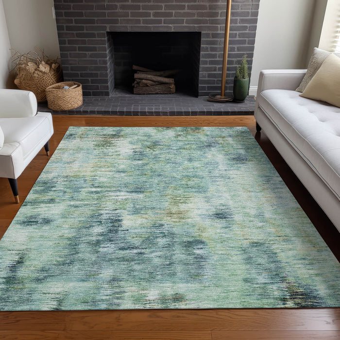 10' X 14' Abstract Washable Area Rug With UV Protection - Teal / Ivory