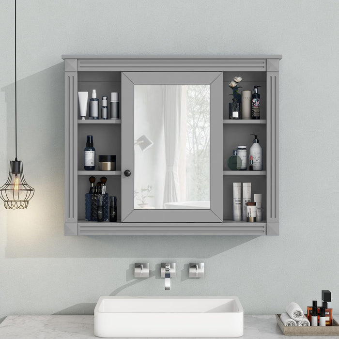 Giga wall-mounted bathroom medicine cabinet with mirror, 6 open shelves, and adjustable interior for organized storage.