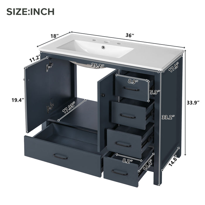 Giga bathroom vanity with ceramic sink, ample storage, two soft-close doors, and five drawers, ideal for modern bathrooms.