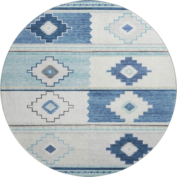8' Southwest Geometric Washable Round Rug With UV Protection - Blue And Ivory