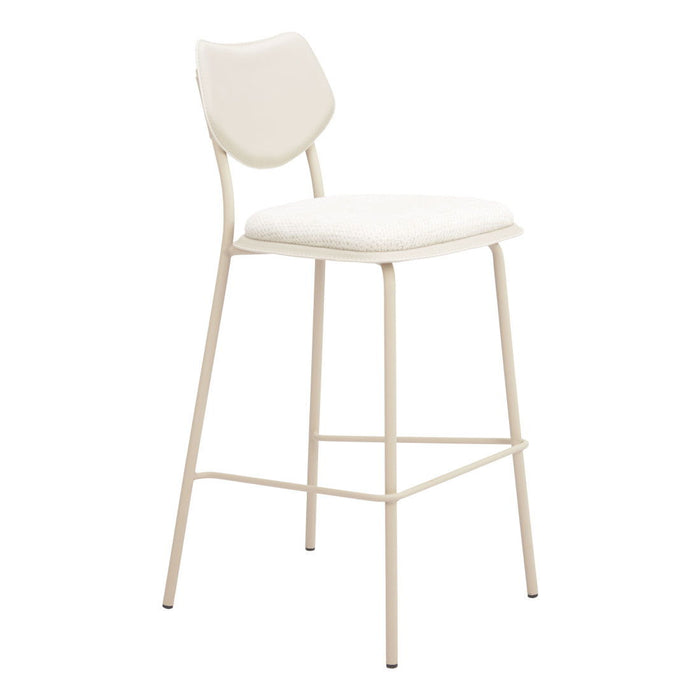 Set of four HomeRoots fabric faux leather bar height stools in light gray with sleek, modern design and metal footrests.