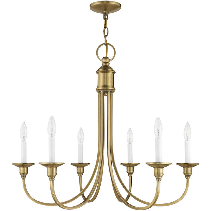 Six-light metal chandelier with shades in antiqued brass finish, featuring a dimpled, elegant design from HomeRoots.