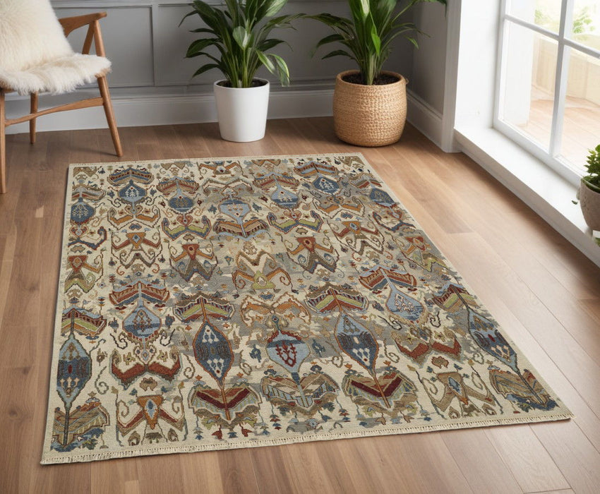 4' x 6' Wool Ikat Hand Knotted Area Rug With Fringe - Ivory Blue And Brown