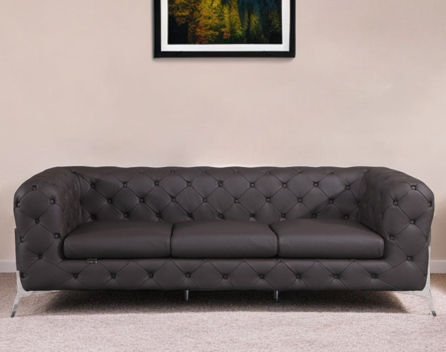 Italian Leather Sofa With Silver Legs - Dark Brown