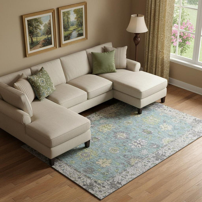 10' X 14' Oriental Washable Area Rug With UV Protection (716593) - Pale Aqua / Teal