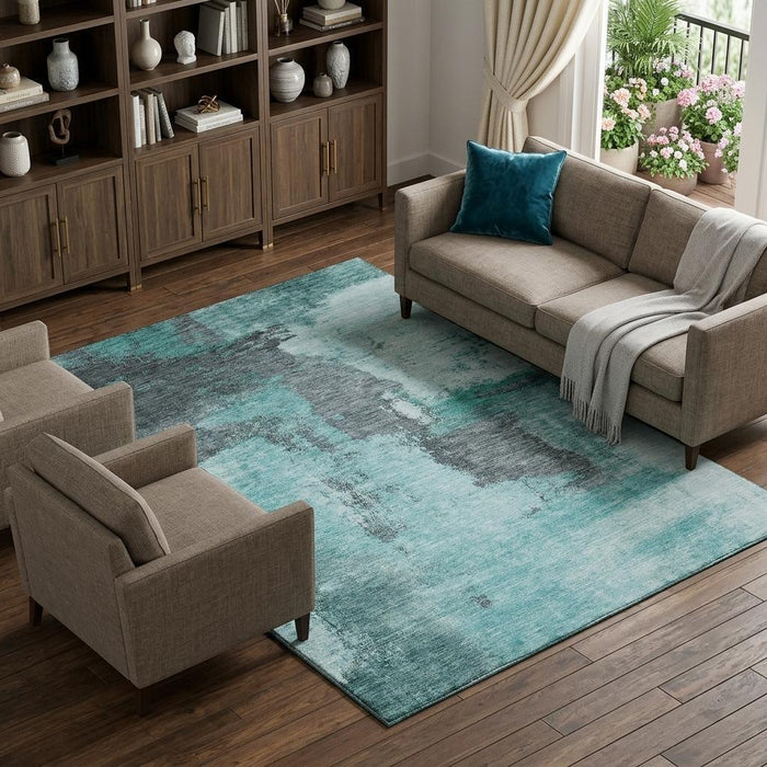 10' X 14' Abstract Washable Area Rug With UV Protection (683548) - Teal / Ivory / Charcoal