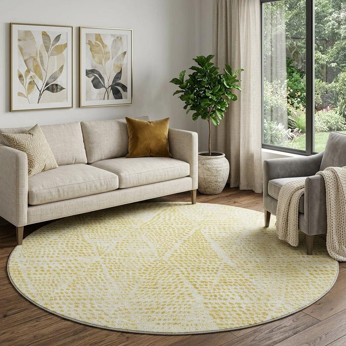 8' Diamond Washable Round Rug With UV Protection (650623) - Wheat / Ivory