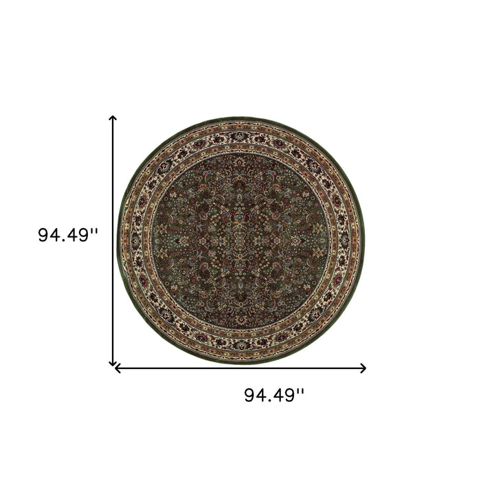 8' Oriental Round Rug - Green And Ivory