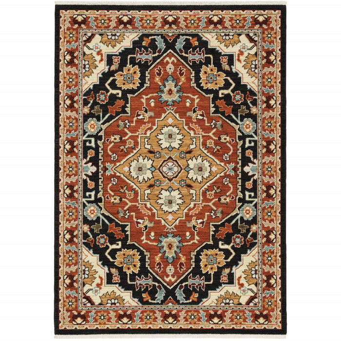 8' x 11' Oriental Power Loom Stain Resistant Area Rug With Fringe - Black Orange And Beige