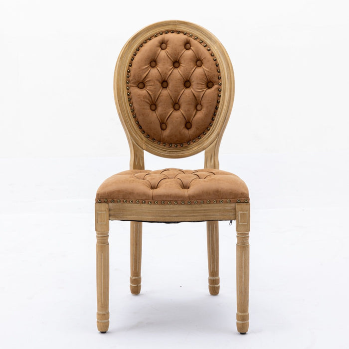 Giga French style solid wood dining chair set with antique painting, nailhead trim, and wooden legs, featuring elegant buckle decoration.