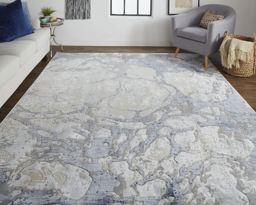 12' x 15' Abstract Power Loom Distressed Area Rug - Ivory And Blue