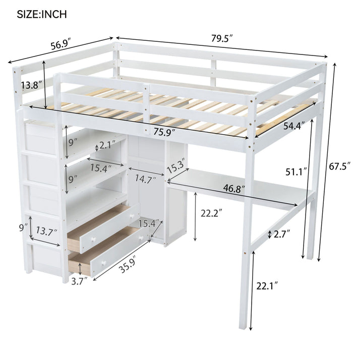 Giga loft bed with built-in wardrobe, desk, shelves, and drawers in a modern bedroom setting.