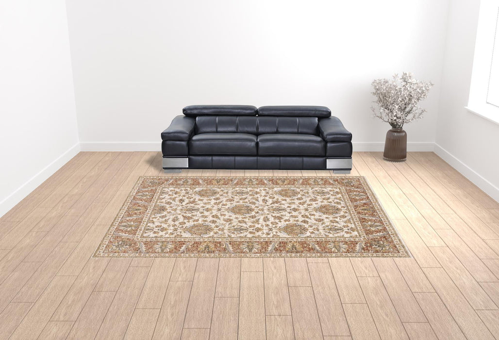 10' x 13' Oriental Power Loom Stain Resistant Area Rug With Fringe - Rust And Ivory