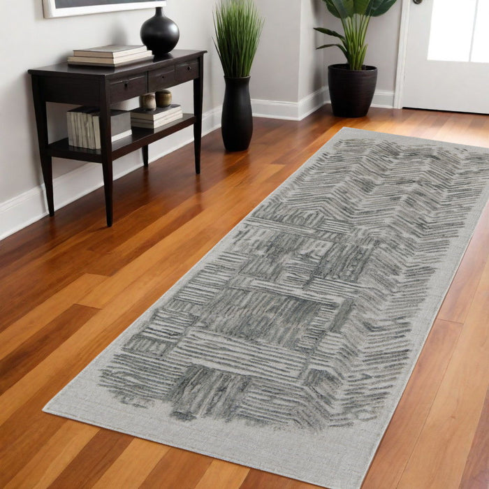 8' Abstract Hand Woven Runner Rug - Green Blue And Ivory