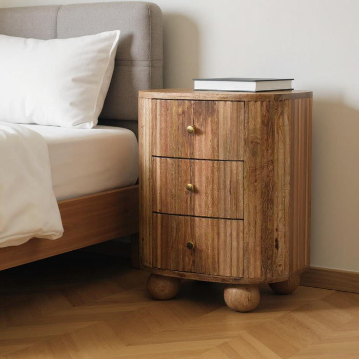 23" Solid Wood Ribbed Texturere Round Three Drawer Nightstand - Natural