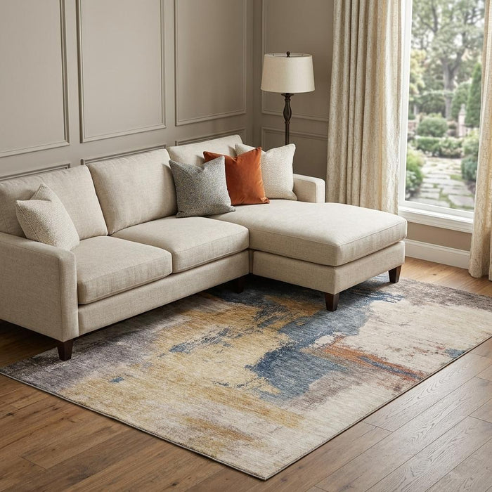 10' X 14' Abstract Washable Area Rug With UV Protection (683530) - Gold / Ivory / Blue