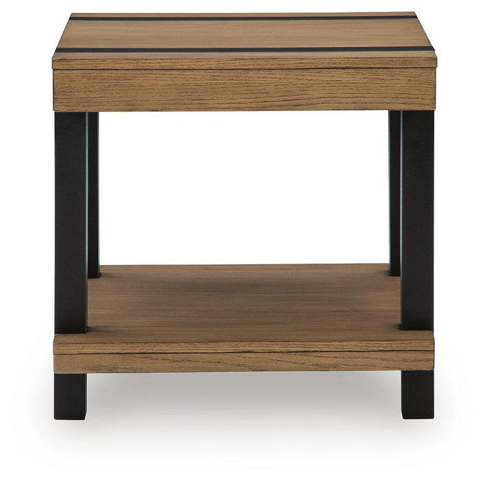 Signature Design by Ashley living room end table with a sleek wooden top and metal legs, ideal for side or accent placement.
