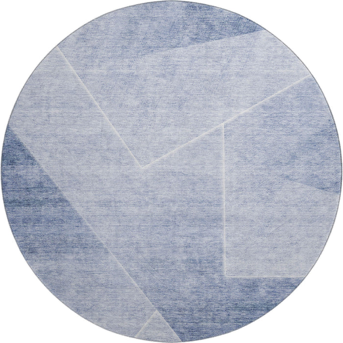 8' Geometric Washable Round Rug With UV Protection - Ivory And Blue