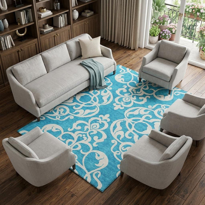 10' X 14' Damask Washable Area Rug With UV Protection (676962) - Turquoise / Ivory