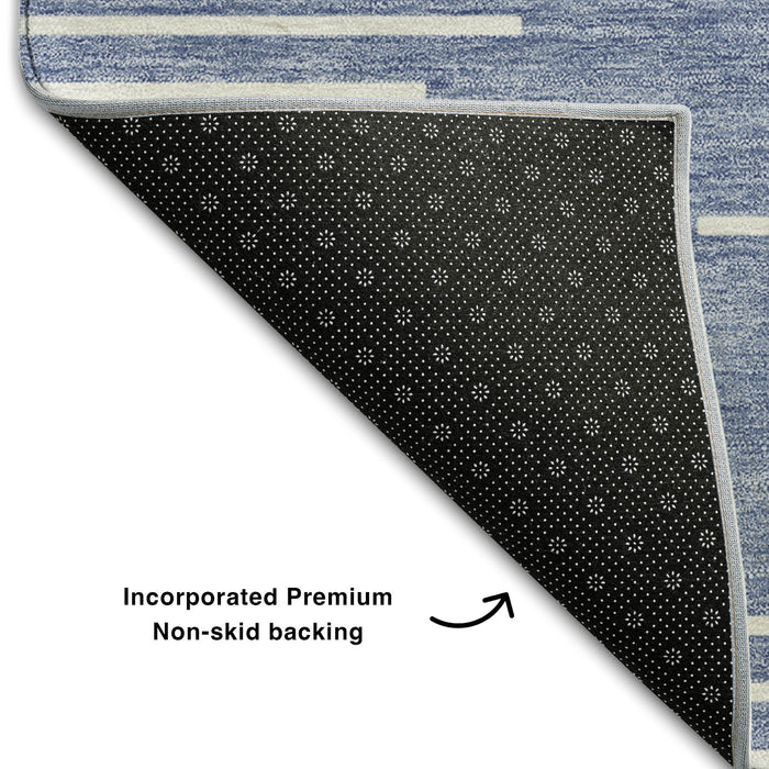 10' X 14' Geometric Washable Area Rug With UV Protection (679714) - Denim Blue / Ivory