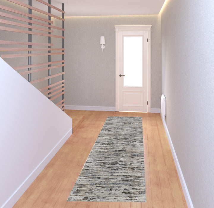 8' Wool Abstract Hand Knotted Runner Rug - Gray Blue And Silver