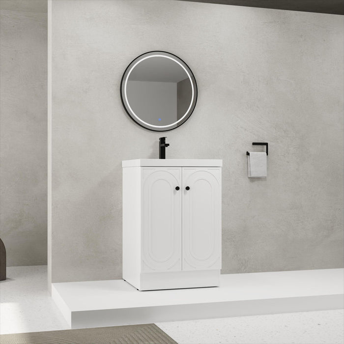 Giga contemporary freestanding bathroom vanity with resin sink and soft-close cabinet doors, modern style and ample storage space.