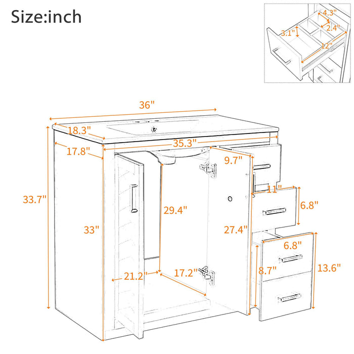Giga bathroom vanity with sink combo, storage cabinet, three drawers, and soft-closing doors in a freestanding design.
