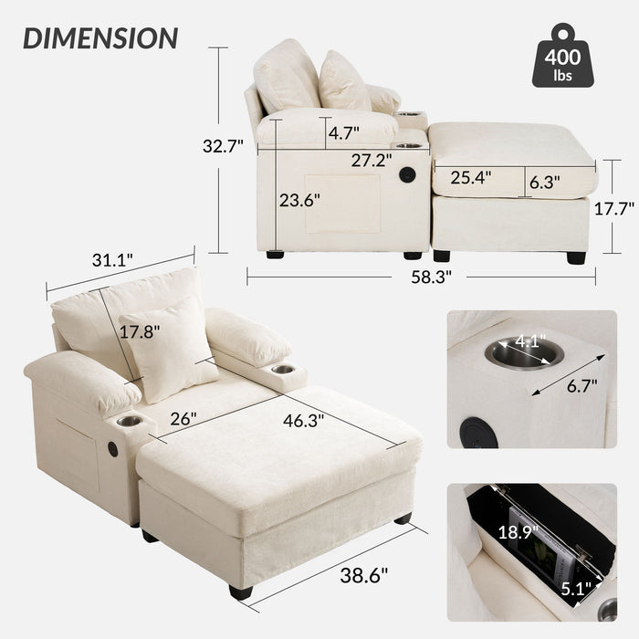 Giga fabric sofa bed stationary chair with built-in cupholders and USB charging ports, perfect for living room comfort and convenience.