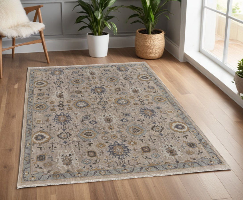 4' x 6' Wool Oriental Hand Knotted Area Rug With Fringe - Tan Brown And Gray