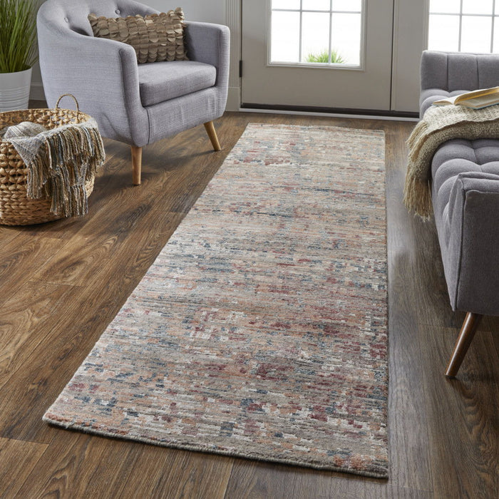 8' Wool Abstract Hand Knotted Runner Rug - Red And Blue