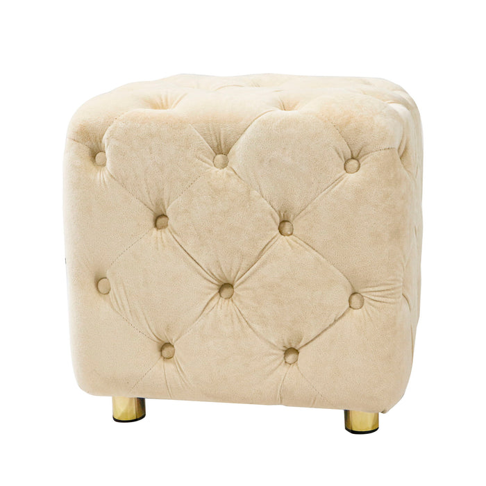 Giga modern upholstered ottoman with soft fabric, serving as a small end table, foot stool, or dressing chair in living rooms or bedrooms.