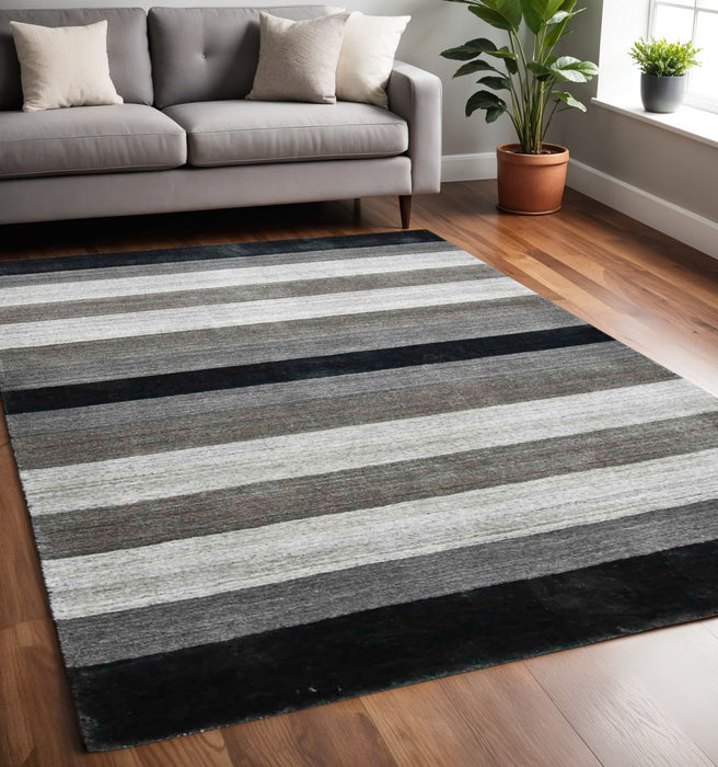 5' X 8' Wool Striped Hand Woven Area Rug - Black And Gray