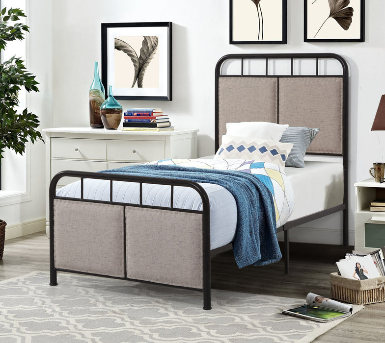 Giga twin size linen upholstered platform bed frame with fabric headboard and footboard in brown, metal construction.