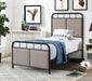Giga twin size linen upholstered platform bed frame with fabric headboard and footboard in brown, metal construction.