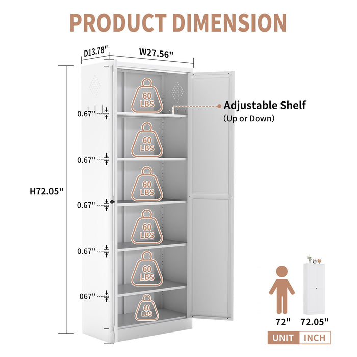 White Giga kitchen pantry cabinet with doors, five adjustable shelves, heavy-duty freestanding storage, and tool-free assembly.
