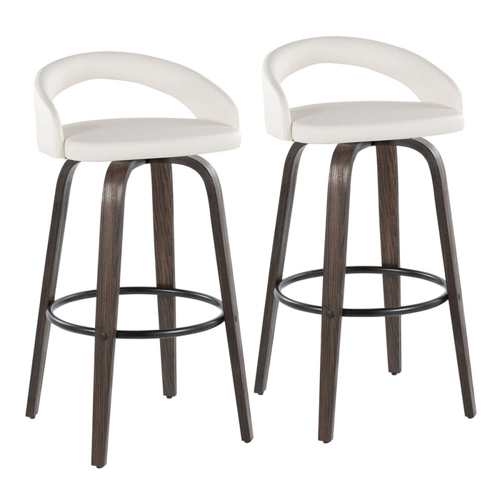 Grotto - Upholstered Fixed-Height Barstool (Set of 2) - Walnut Glazed Wood, White Faux Leather, Black Metal