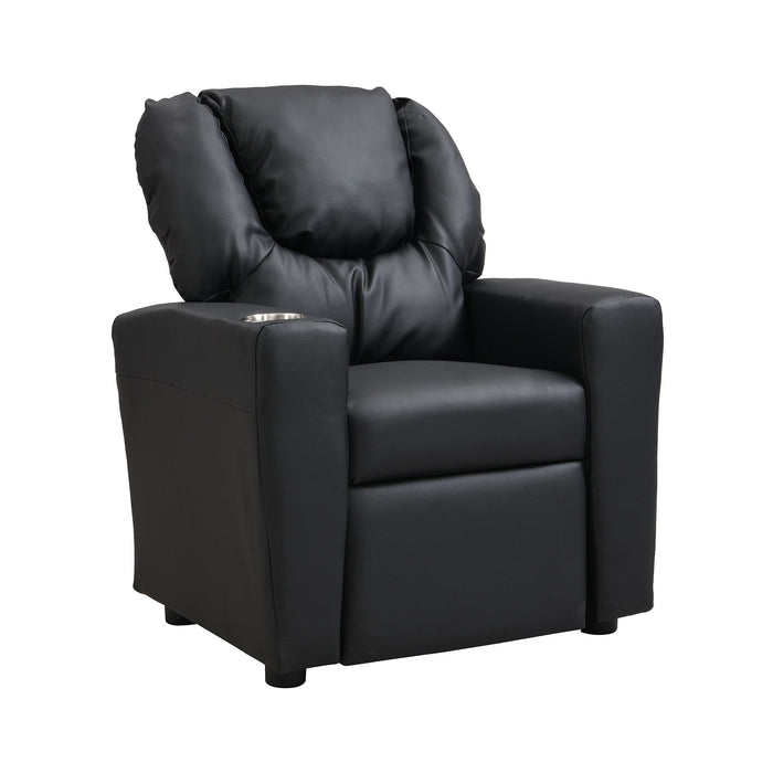 Giga Sally Deluxe kids recliner chair in black with cup holder, featuring plush cushioning and a child-friendly design.