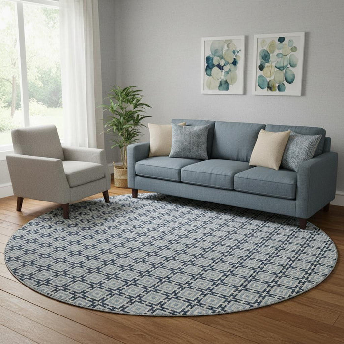 8' Geometric Washable Round Rug With UV Protection (645268) - Navy Blue / Ivory