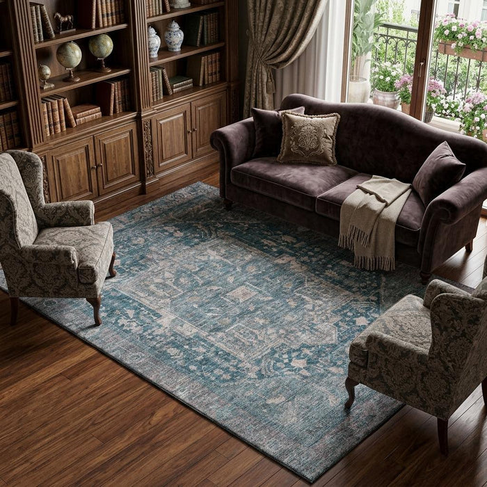 10' X 14' Oriental Washable Area Rug With UV Protection (692394) - Blue / Gray / Silver