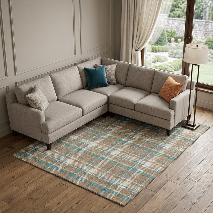10' X 14' Plaid Washable Area Rug With UV Protection (692844) - Taupe / Ivory / Teal