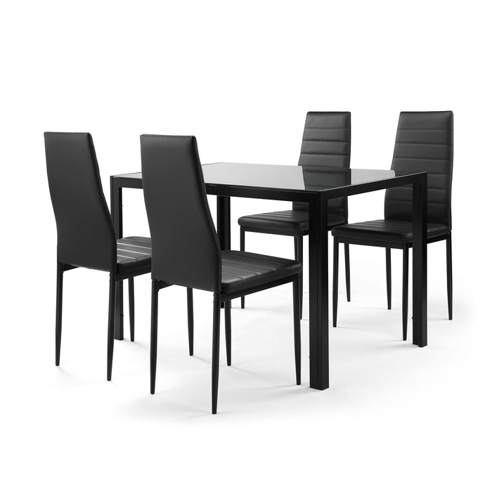 Black 5-piece dining table set with tempered glass table and four faux leather chairs, ideal for kitchen or dining room.