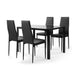 Black 5-piece dining table set with tempered glass table and four faux leather chairs, ideal for kitchen or dining room.