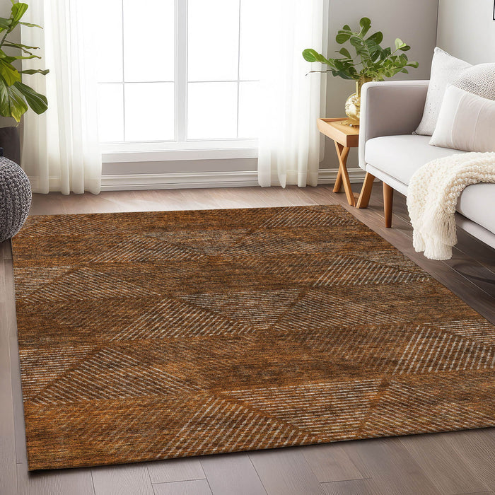 9' X 12' Geometric Washable Area Rug With UV Protection - Terra Cotta
