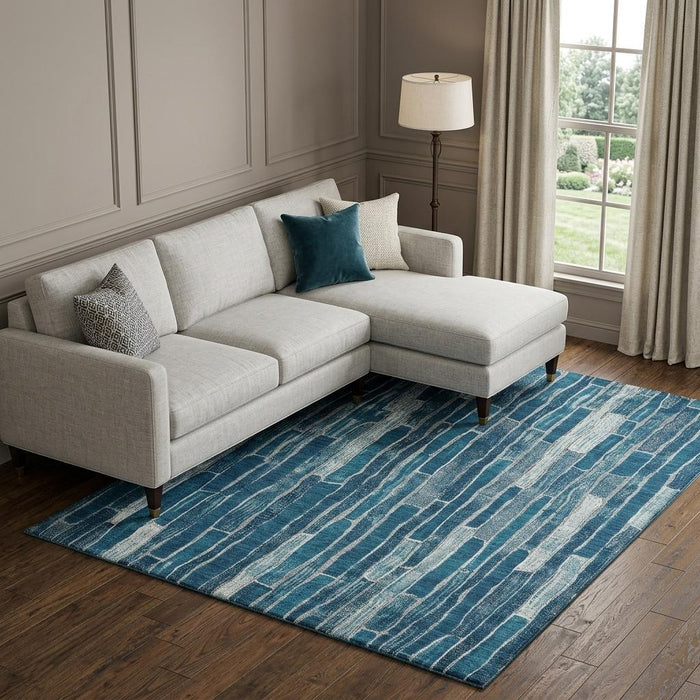 10' X 14' Striped Washable Area Rug With UV Protection (692850) - Blue / Ivory