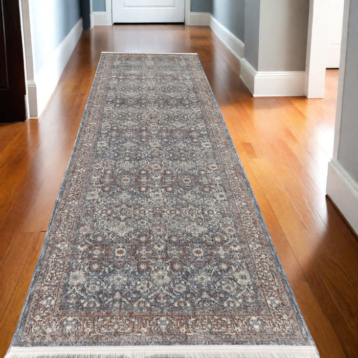10' Floral Power Loom Stain Resistant Runner Rug - Blue And Red