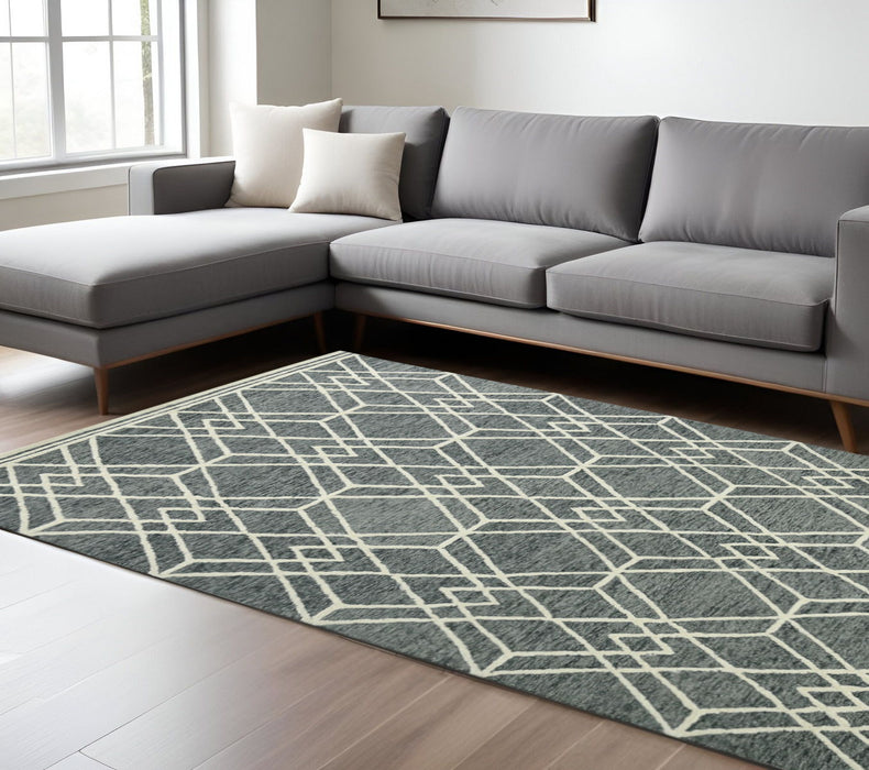 9' X 13' Wool Geometric Hand Hooked Area Rug - Gray And Ivory