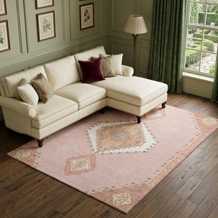 10' X 14' Oriental Washable Area Rug With UV Protection (679600) - Pink / Ivory / Gray
