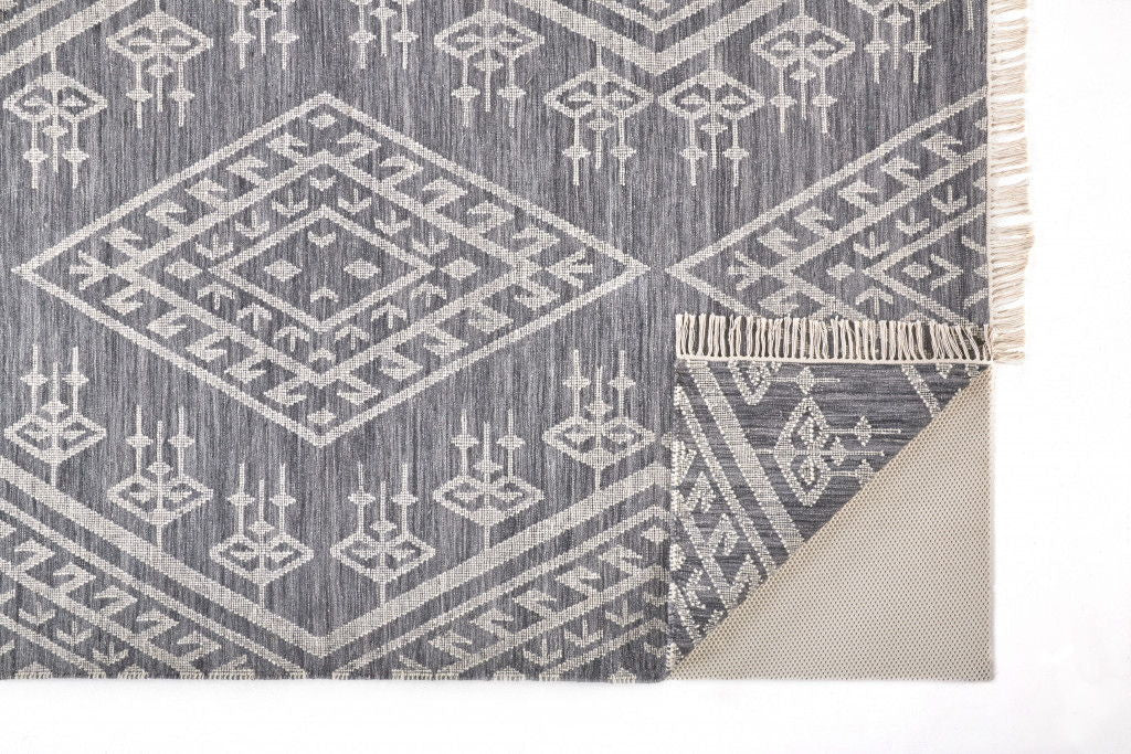 10' x 14' Wool Geometric Dhurrie Flatweave Handmade Area Rug With Fringe - Gray Ivory And Blue